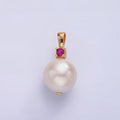 14K Gold plated Freshwater Pearl Button Fuchsia, Green, Clear CZ Pendant | P1694 P1695