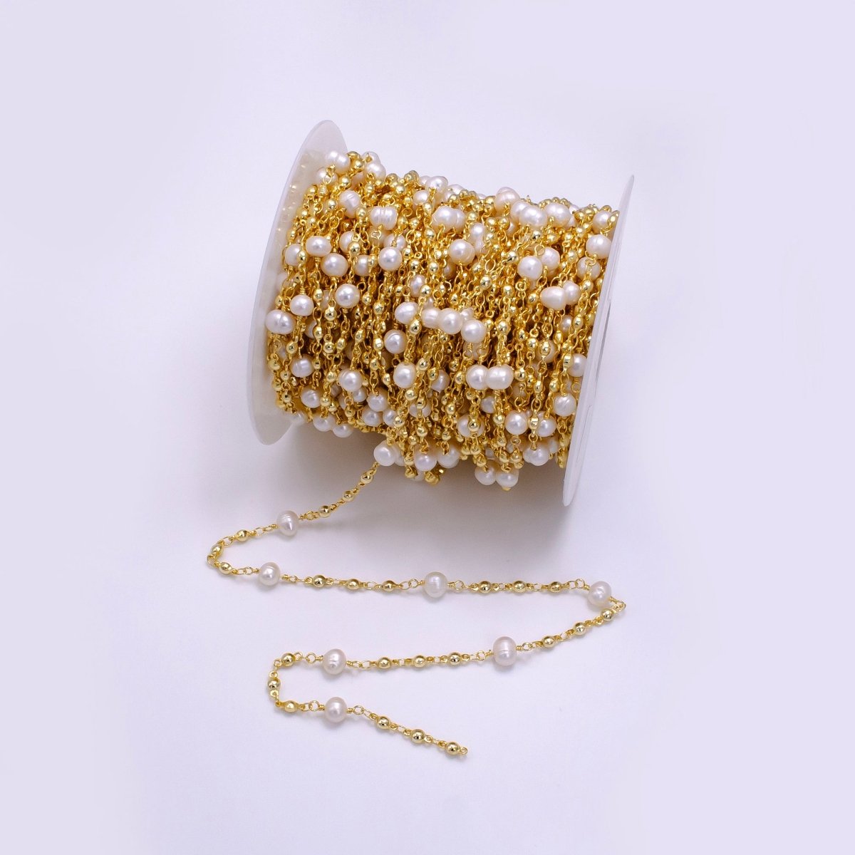 14K Gold plated Freshwater Pearl Triple Bead Link Unfinished Chain | ROLL-1508 - DLUXCA