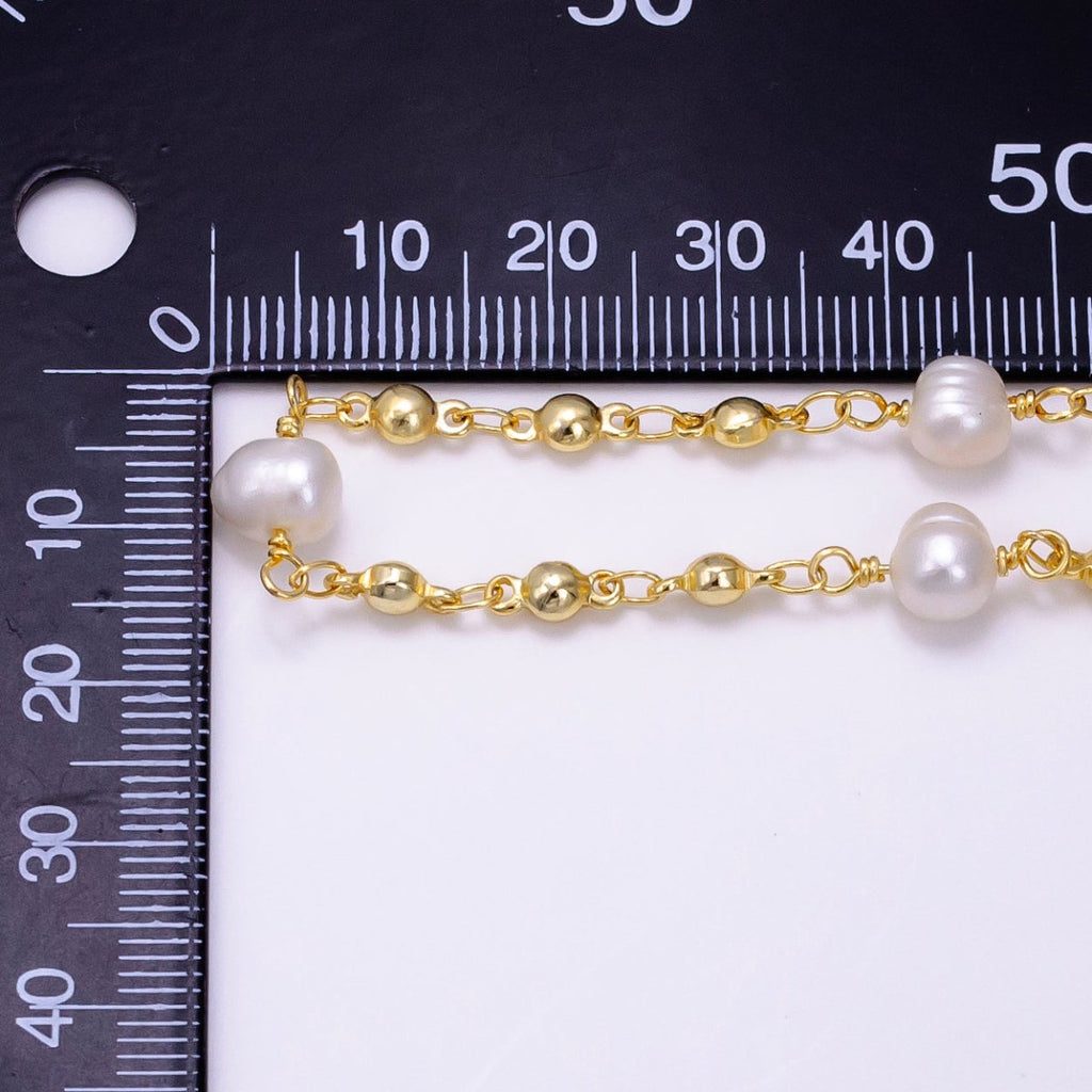 14K Gold plated Freshwater Pearl Triple Bead Link Unfinished Chain | ROLL-1508 - DLUXCA