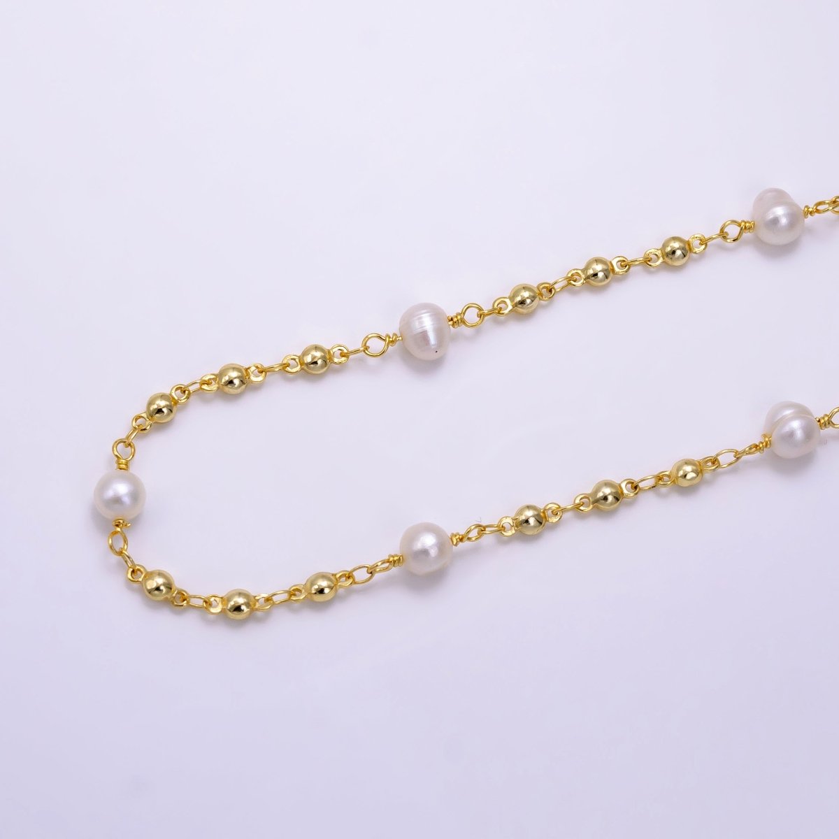 14K Gold plated Freshwater Pearl Triple Bead Link Unfinished Chain | ROLL-1508 - DLUXCA
