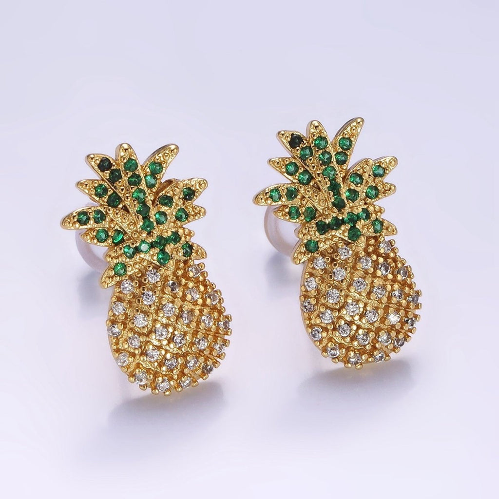 14K Gold plated Fruit Pineapple Micro Paved CZ Stud Earrings | V490 - DLUXCA