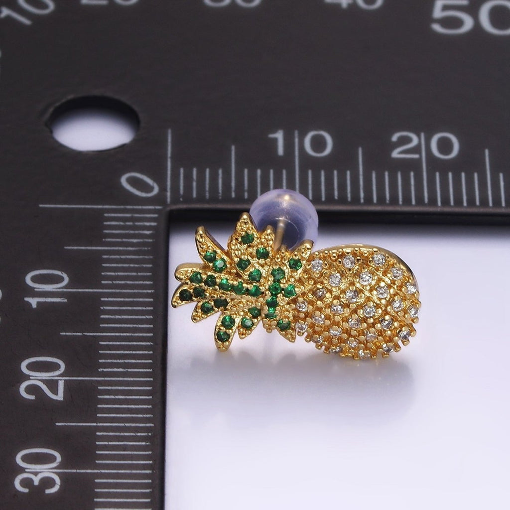 14K Gold plated Fruit Pineapple Micro Paved CZ Stud Earrings | V490 - DLUXCA