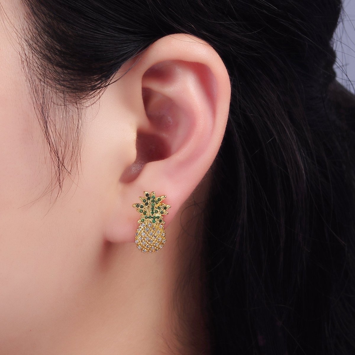 14K Gold plated Fruit Pineapple Micro Paved CZ Stud Earrings | V490 - DLUXCA