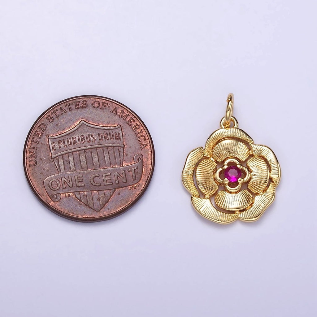 14K Gold plated Fuchsia CZ Line-Textured Petal Flower Charm | W774 - DLUXCA