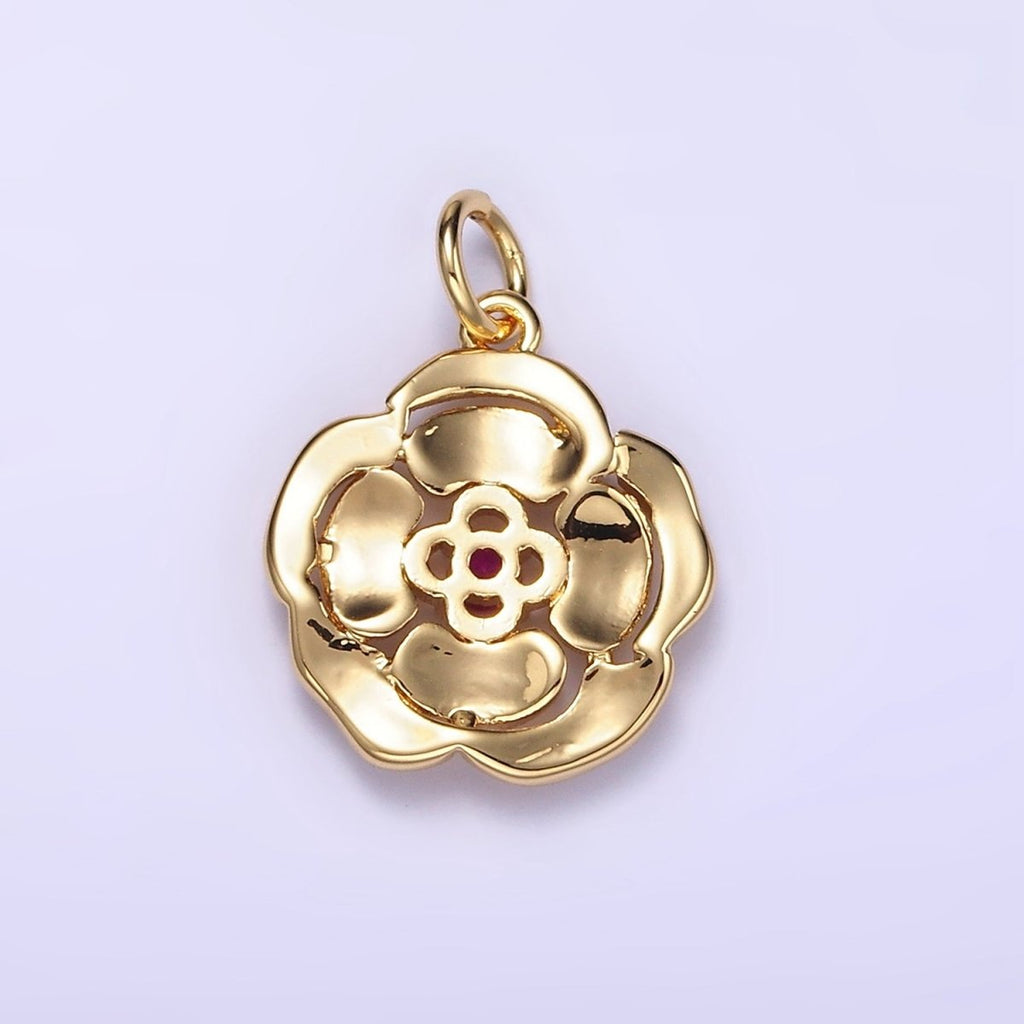 14K Gold plated Fuchsia CZ Line-Textured Petal Flower Charm | W774 - DLUXCA