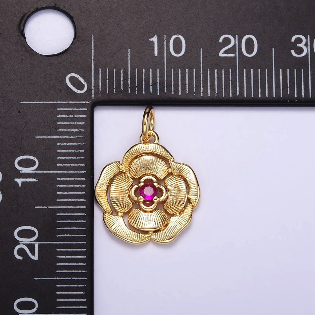 14K Gold plated Fuchsia CZ Line-Textured Petal Flower Charm | W774 - DLUXCA