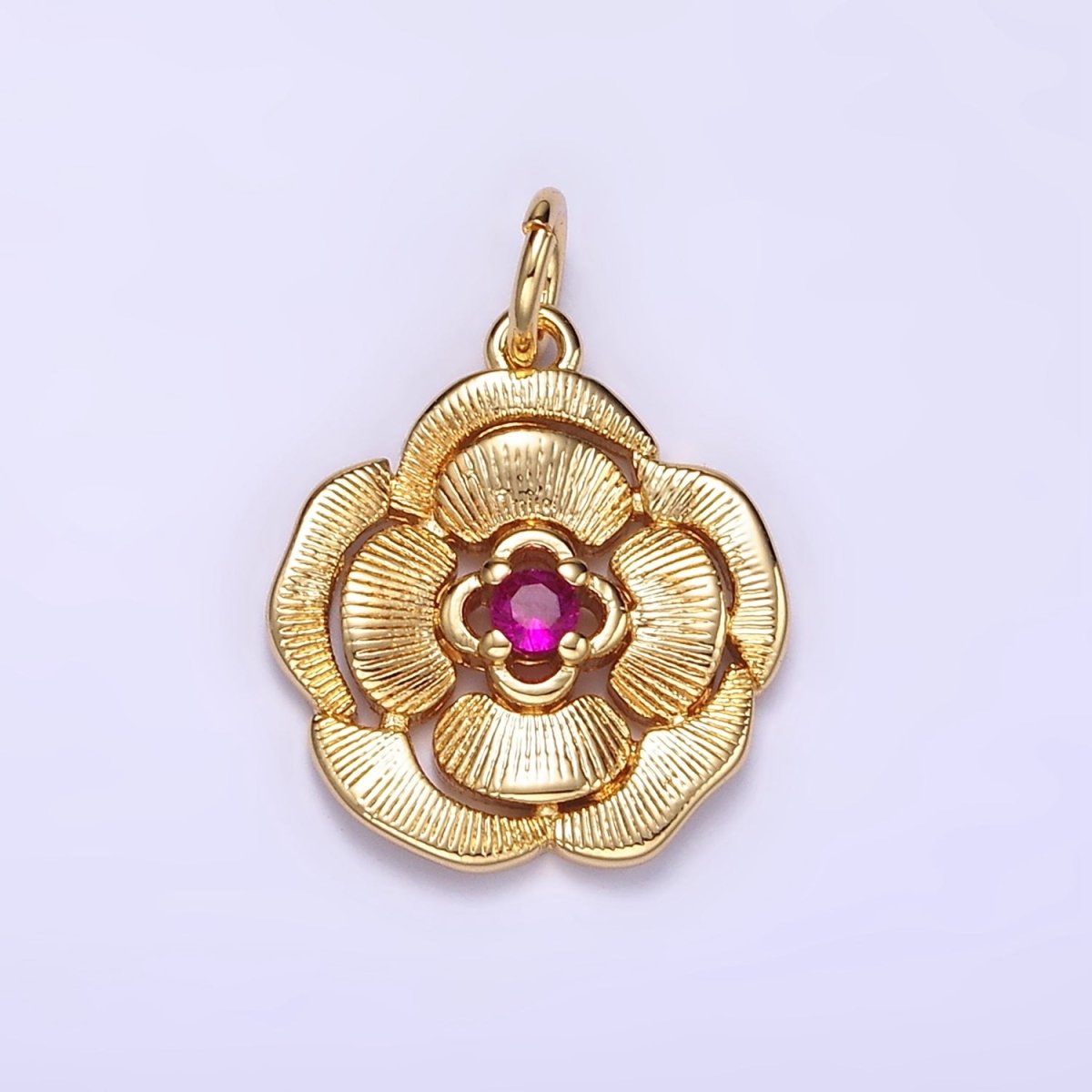 14K Gold plated Fuchsia CZ Line-Textured Petal Flower Charm | W774 - DLUXCA