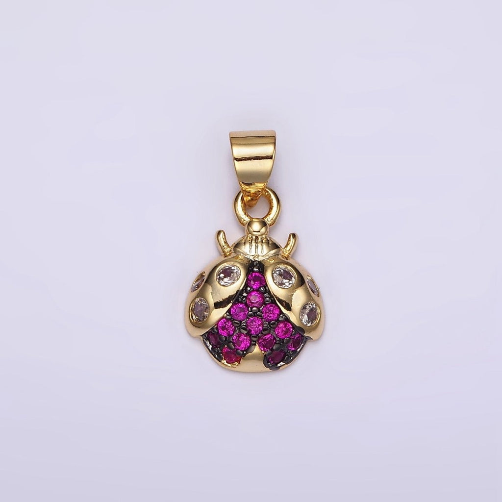 14K Gold plated Fuchsia CZ Micro Paved Ladybug Insect Animal Pendant | N1951 - DLUXCA