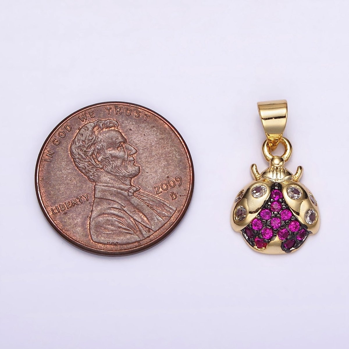 14K Gold plated Fuchsia CZ Micro Paved Ladybug Insect Animal Pendant | N1951 - DLUXCA