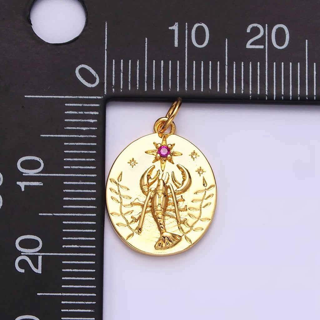 14K Gold plated Fuchsia CZ North Star Lobster Kelp Ocean Oval Charm | AC1155 - DLUXCA