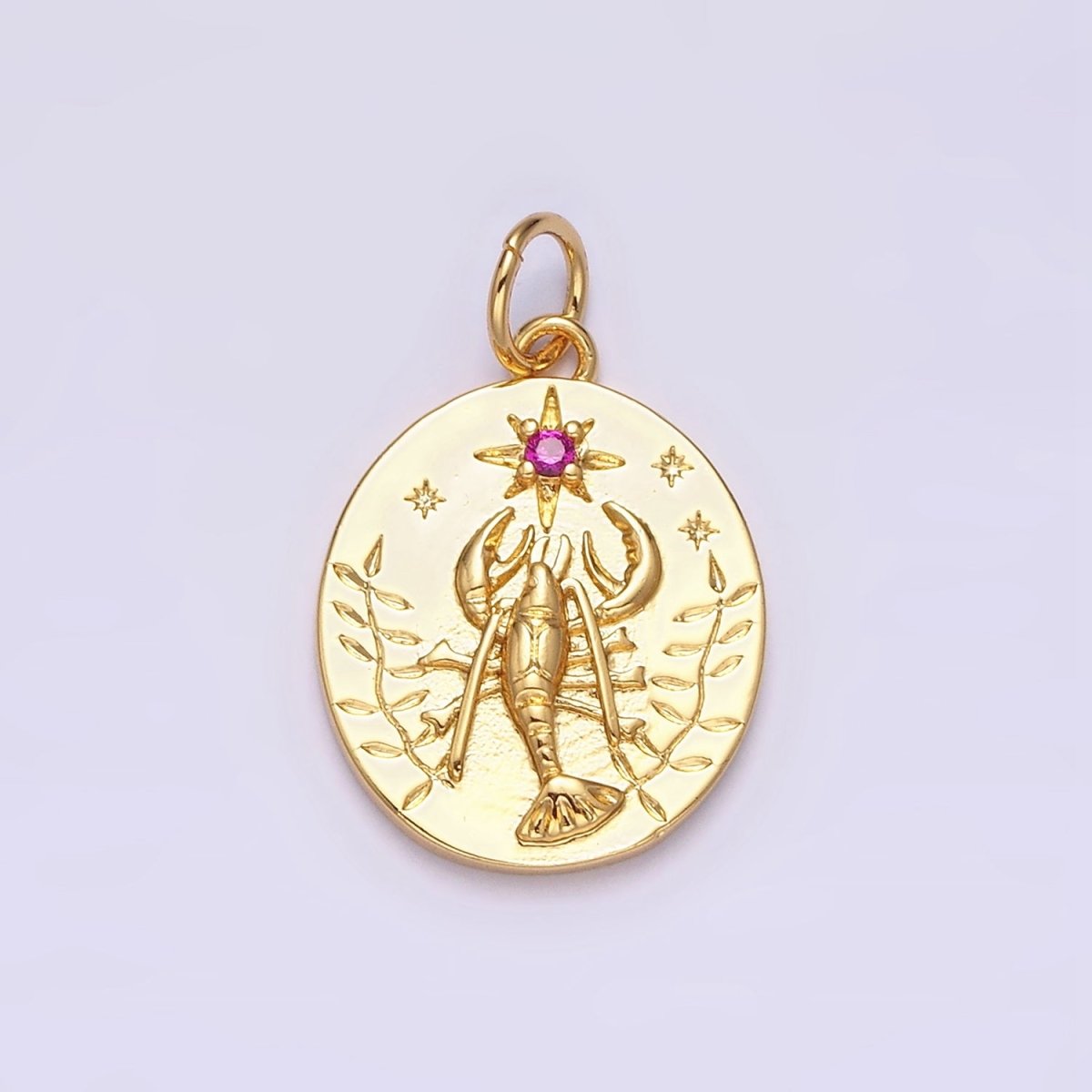 14K Gold plated Fuchsia CZ North Star Lobster Kelp Ocean Oval Charm | AC1155 - DLUXCA