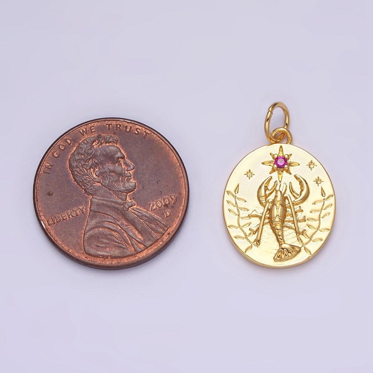 14K Gold plated Fuchsia CZ North Star Lobster Kelp Ocean Oval Charm | AC1155 - DLUXCA