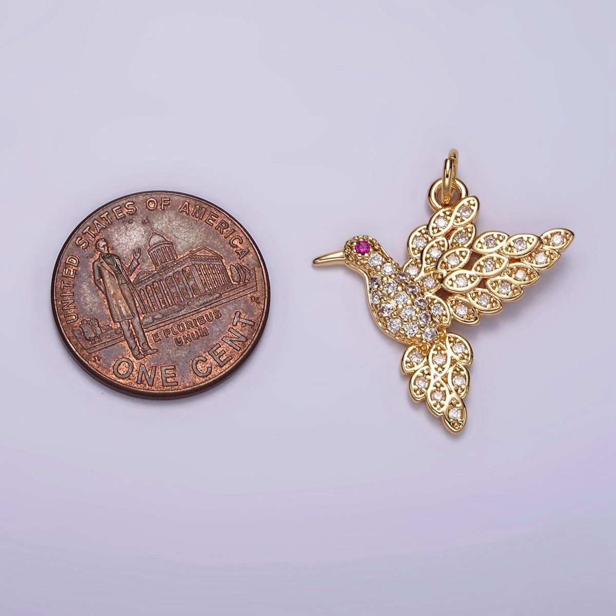 14K Gold plated Fuchsia-Eyed Bird Animal Micro Paved CZ Charm | AG458 - DLUXCA