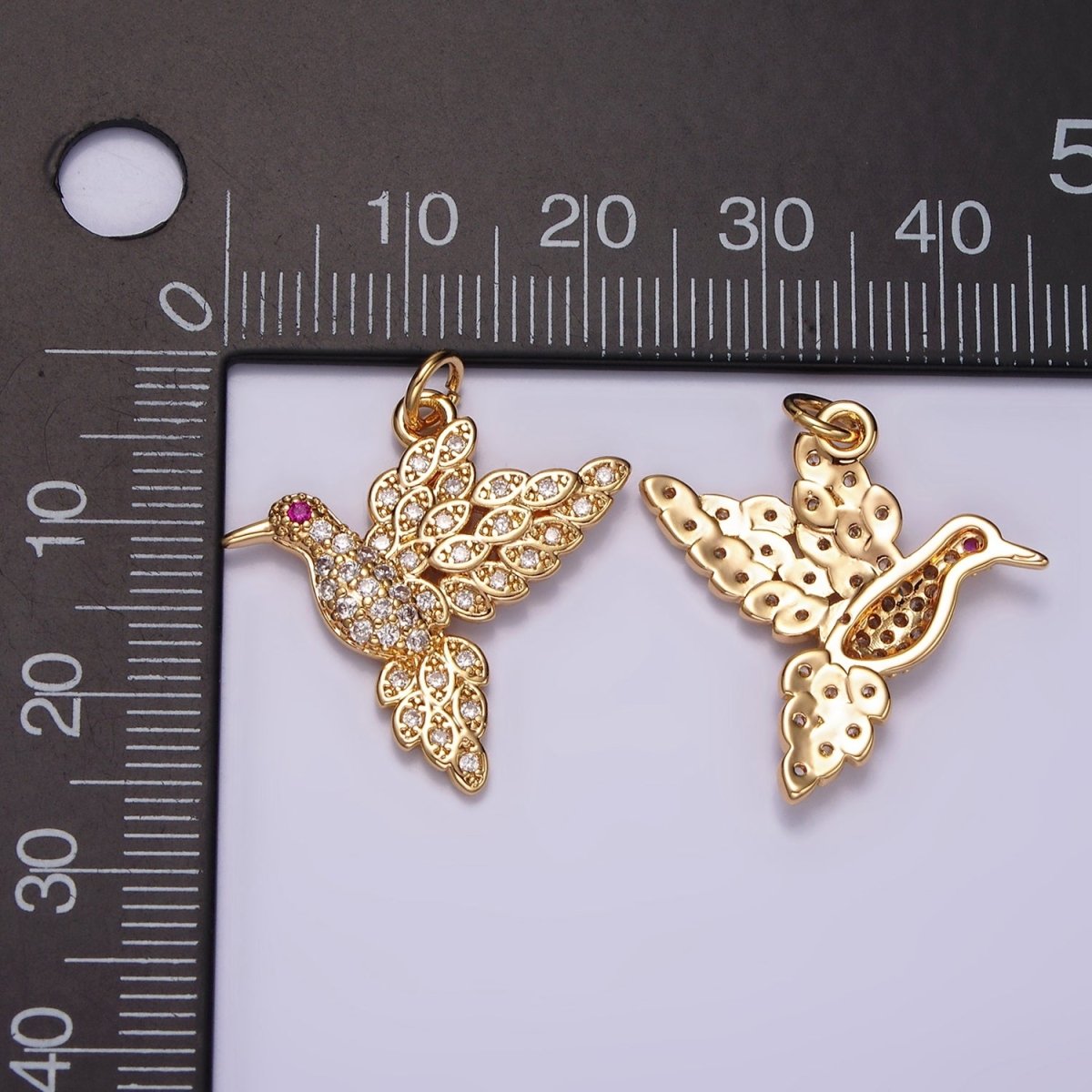 14K Gold plated Fuchsia-Eyed Bird Animal Micro Paved CZ Charm | AG458 - DLUXCA