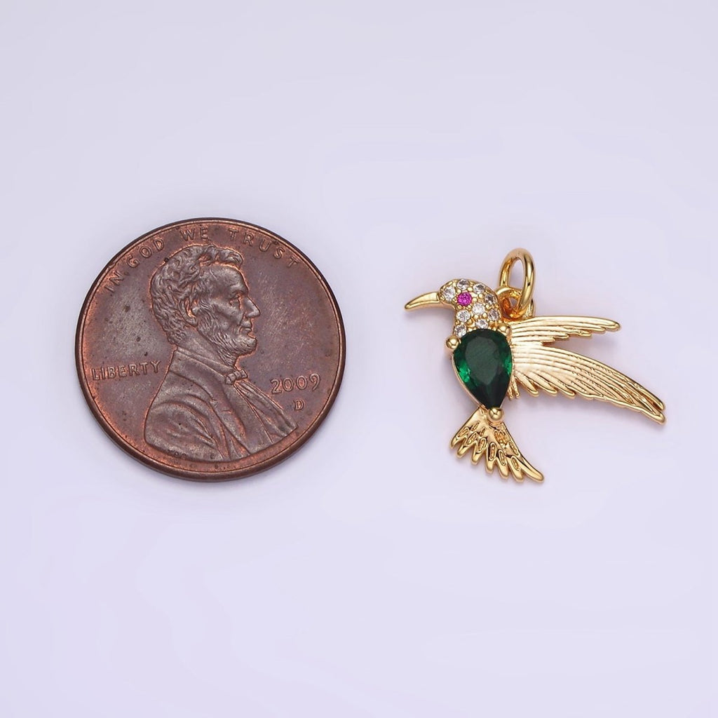 14K Gold plated Fuchsia-Eyed Clear, Green Teardrop Micro Paved CZ Bird Charm | AG357 AG358 - DLUXCA
