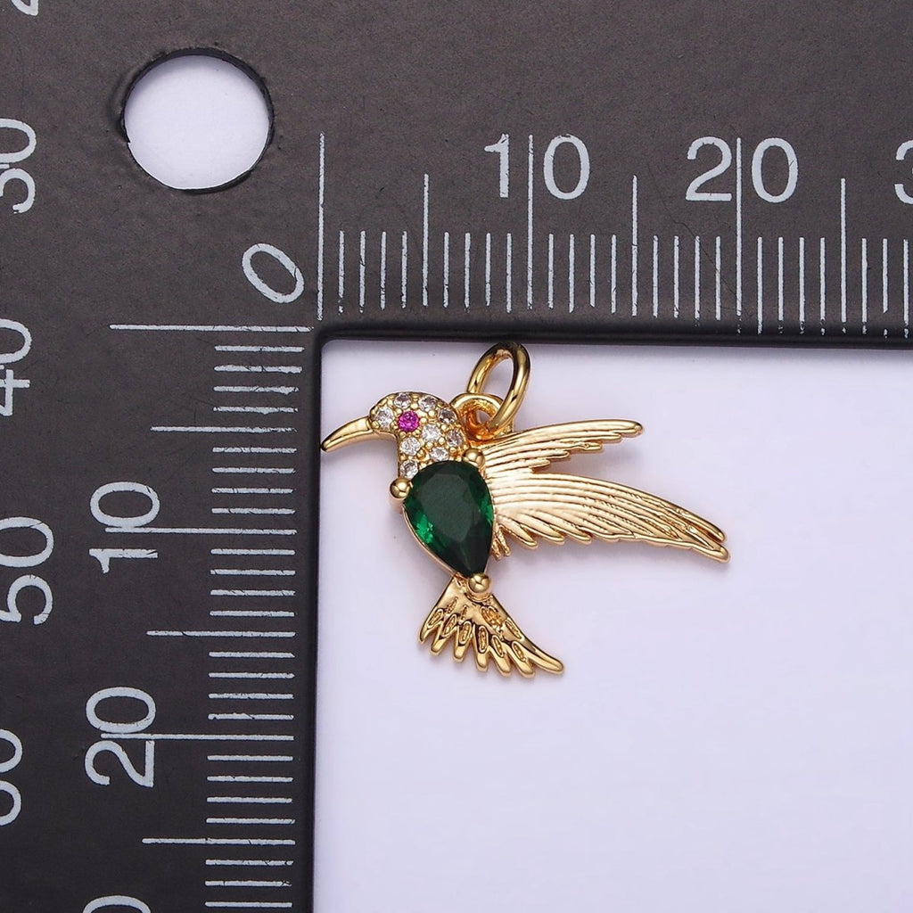 14K Gold plated Fuchsia-Eyed Clear, Green Teardrop Micro Paved CZ Bird Charm | AG357 AG358 - DLUXCA