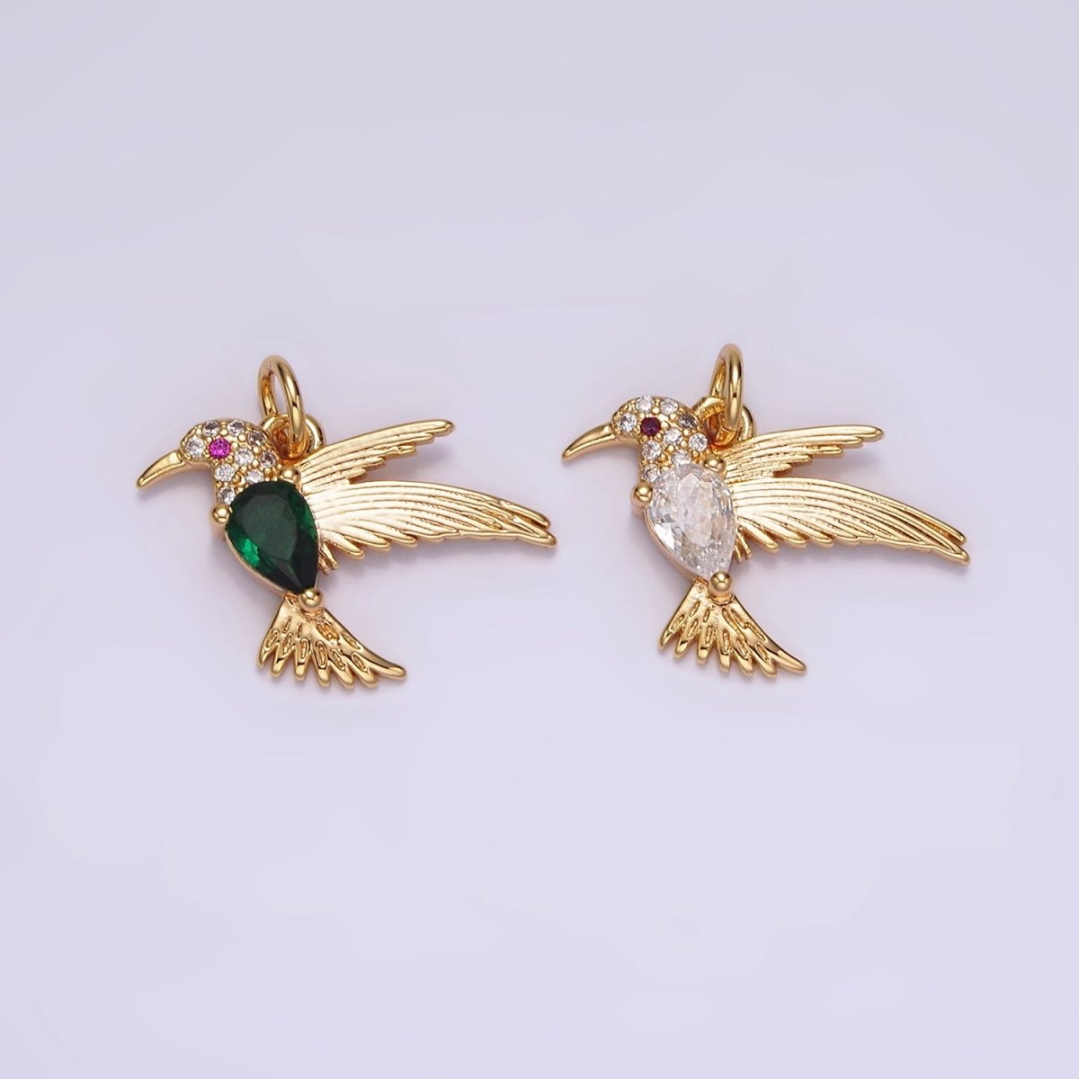 14K Gold plated Fuchsia-Eyed Clear, Green Teardrop Micro Paved CZ Bird Charm | AG357 AG358 - DLUXCA