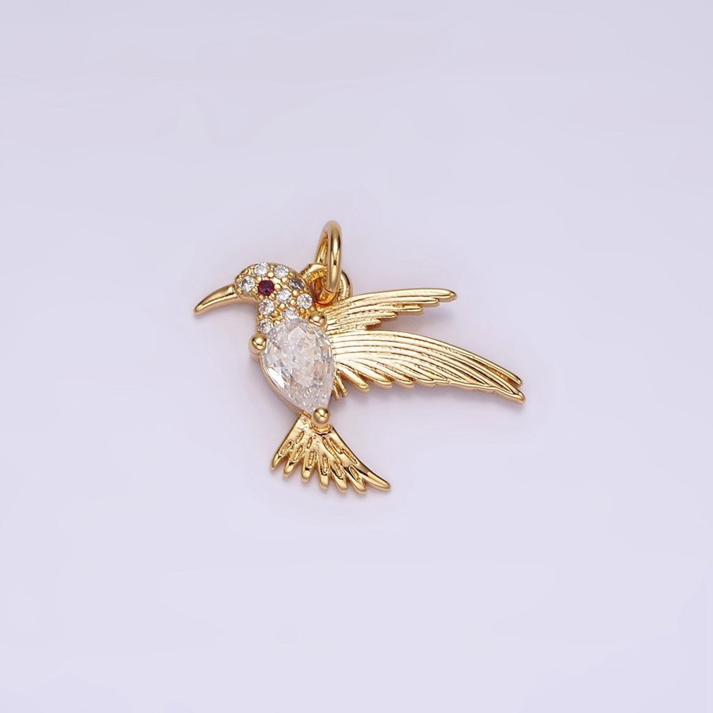 14K Gold plated Fuchsia-Eyed Clear, Green Teardrop Micro Paved CZ Bird Charm | AG357 AG358 - DLUXCA