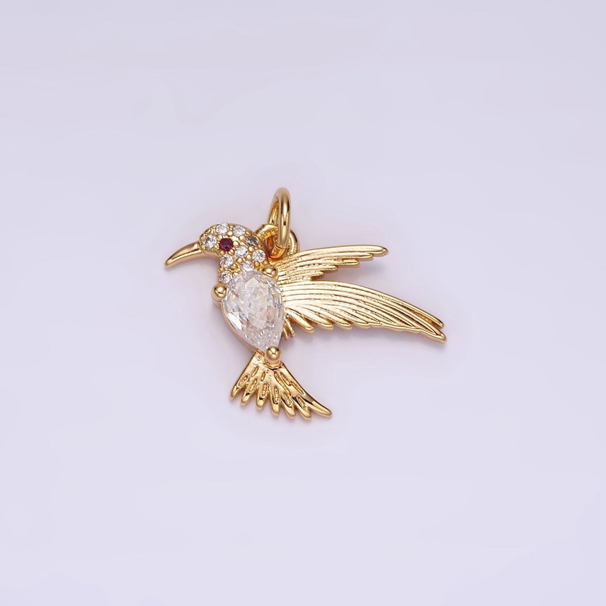 14K Gold plated Fuchsia-Eyed Clear, Green Teardrop Micro Paved CZ Bird Charm | AG357 AG358 - DLUXCA