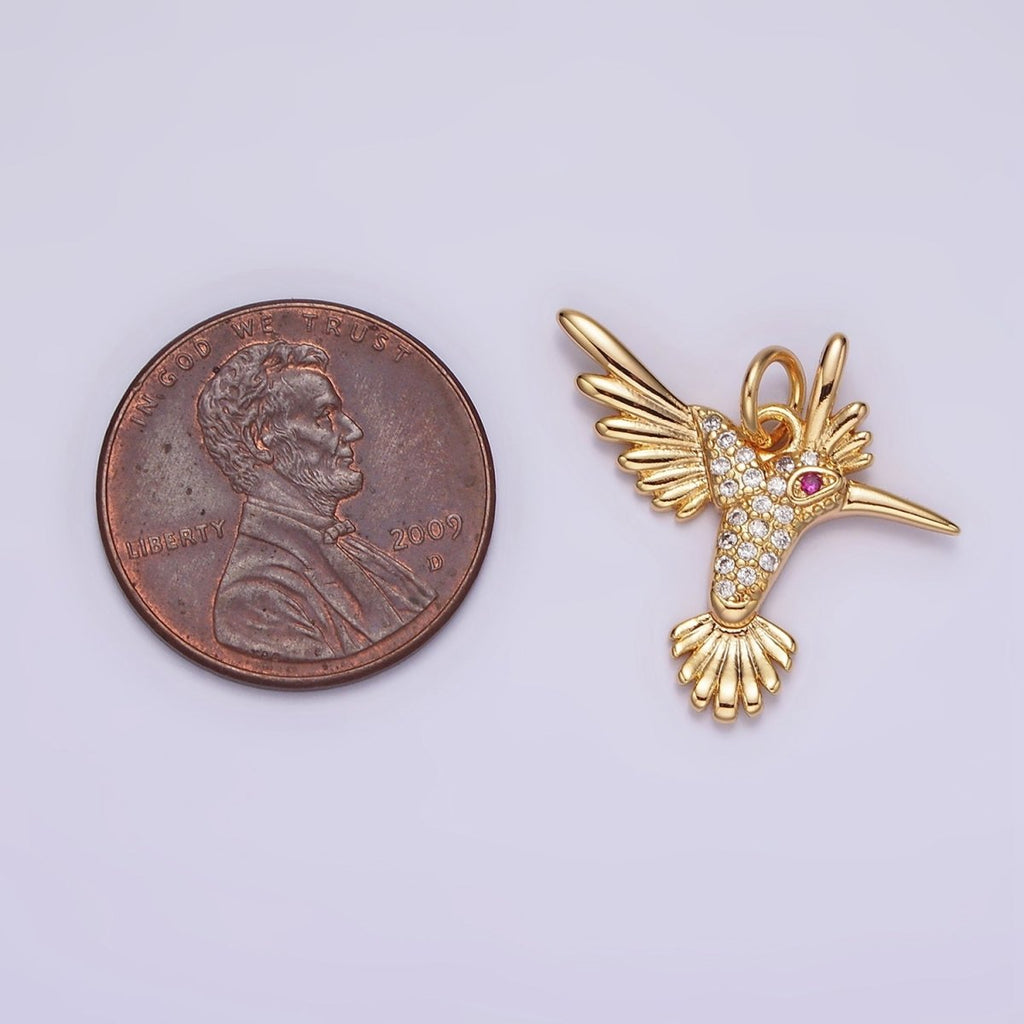 14K Gold plated Fuchsia-Eyed Micro Paved CZ Flying Bird Charm | AG360 - DLUXCA