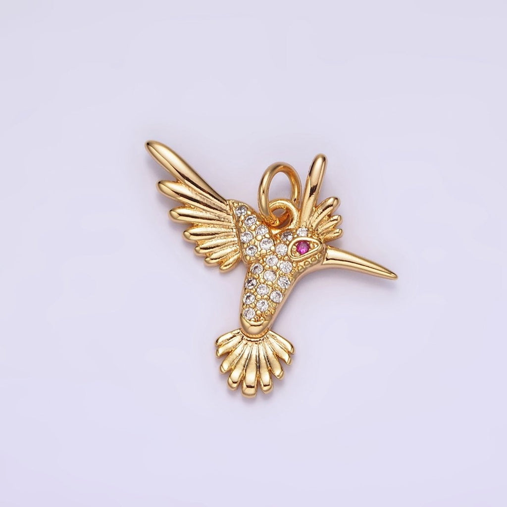 14K Gold plated Fuchsia-Eyed Micro Paved CZ Flying Bird Charm | AG360 - DLUXCA