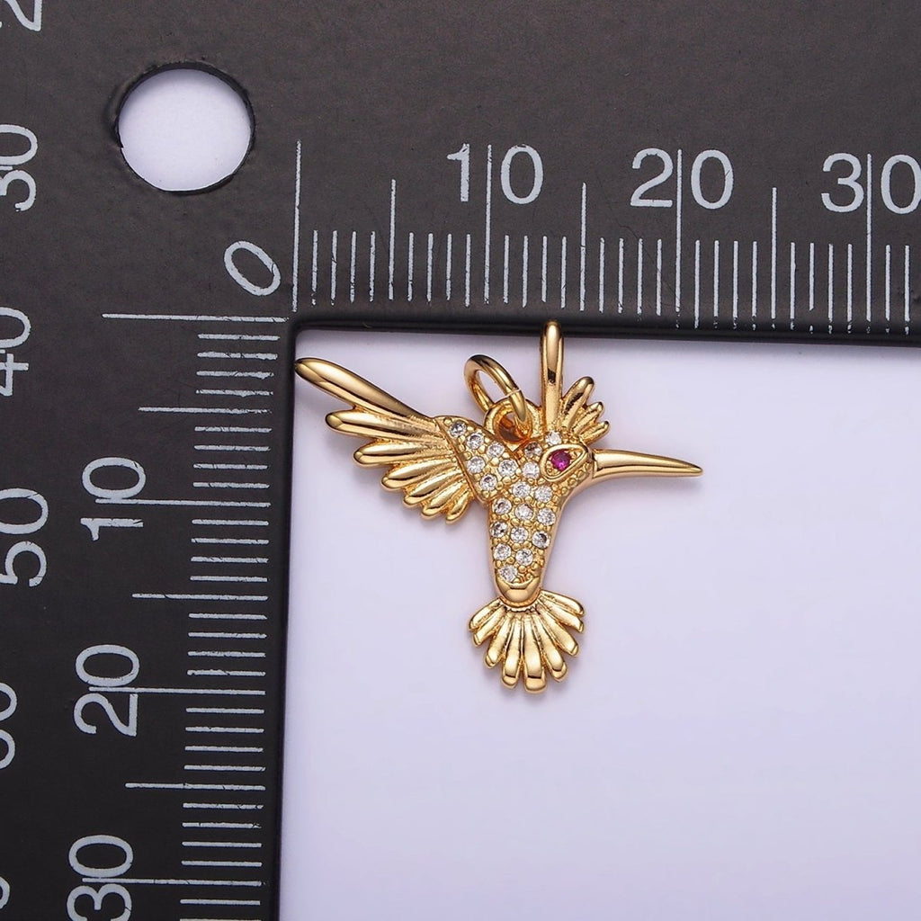 14K Gold plated Fuchsia-Eyed Micro Paved CZ Flying Bird Charm | AG360 - DLUXCA