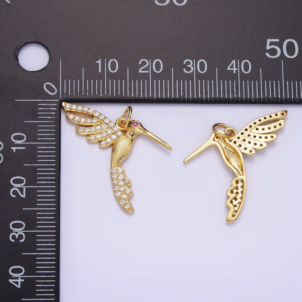 14K Gold plated Fuchsia-Eyed Micro Paved CZ Lined Bird Animal Charm | AG624 - DLUXCA