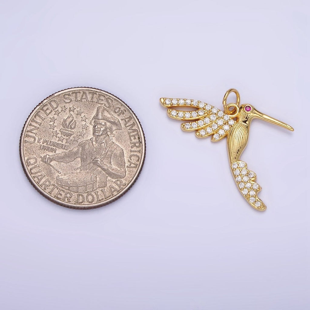 14K Gold plated Fuchsia-Eyed Micro Paved CZ Lined Bird Animal Charm | AG624 - DLUXCA
