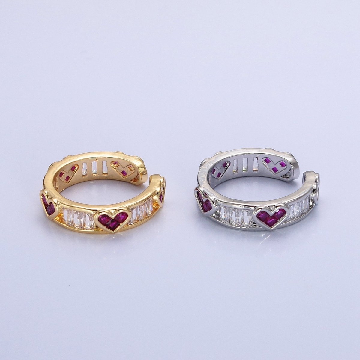14K Gold plated Fuchsia Heart Baguette Lined Ring in Gold & Silver | O1835 O1836 - DLUXCA
