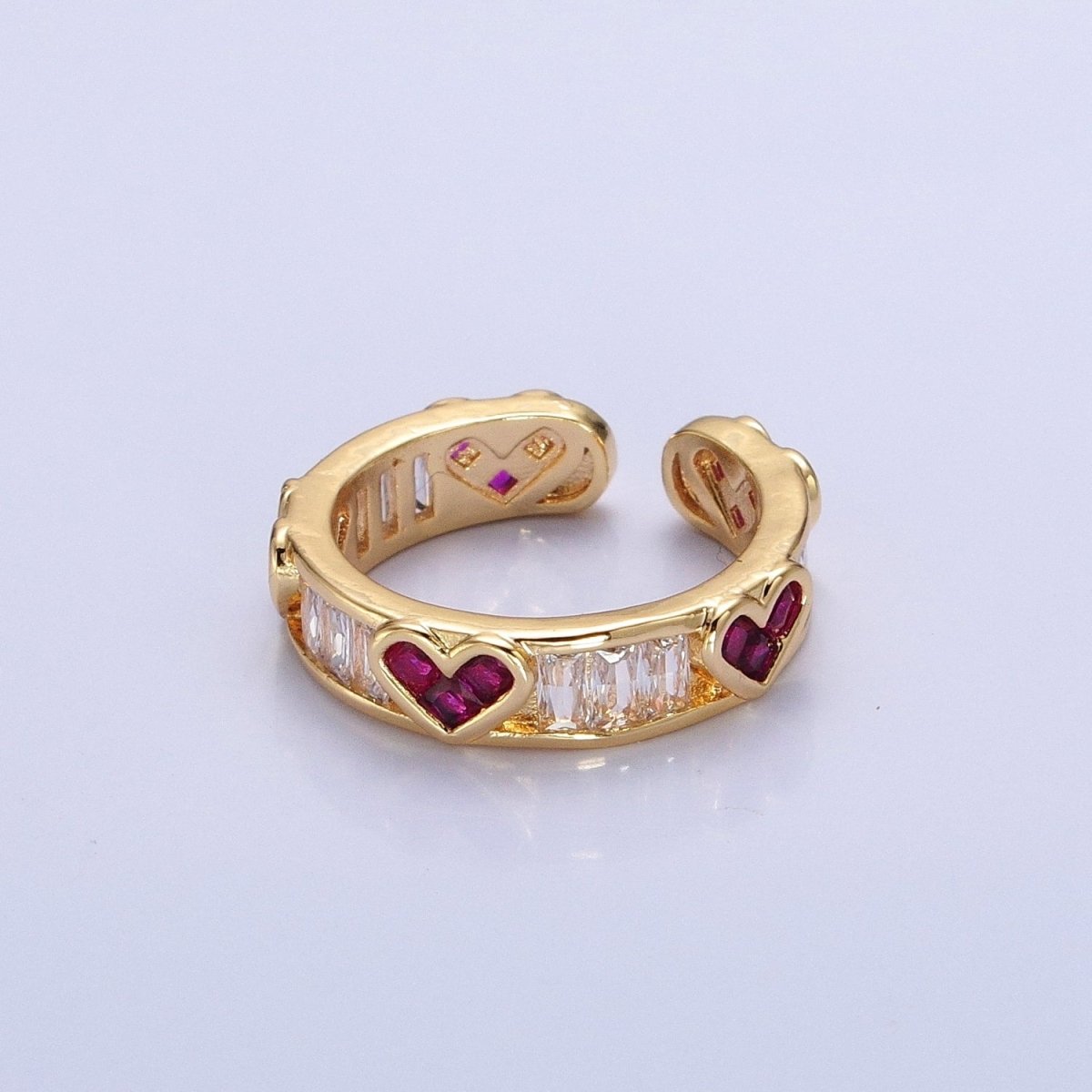 14K Gold plated Fuchsia Heart Baguette Lined Ring in Gold & Silver | O1835 O1836 - DLUXCA
