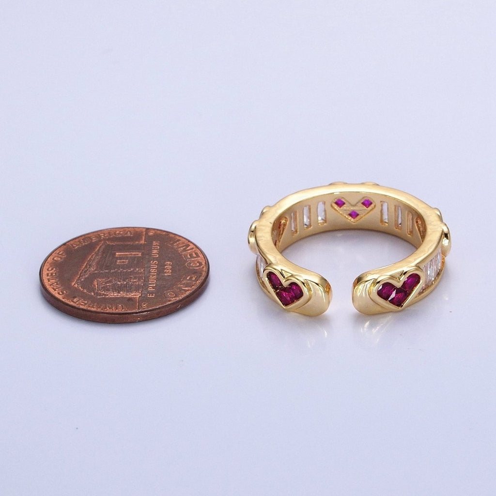 14K Gold plated Fuchsia Heart Baguette Lined Ring in Gold & Silver | O1835 O1836 - DLUXCA