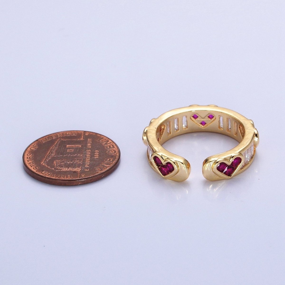 14K Gold plated Fuchsia Heart Baguette Lined Ring in Gold & Silver | O1835 O1836 - DLUXCA