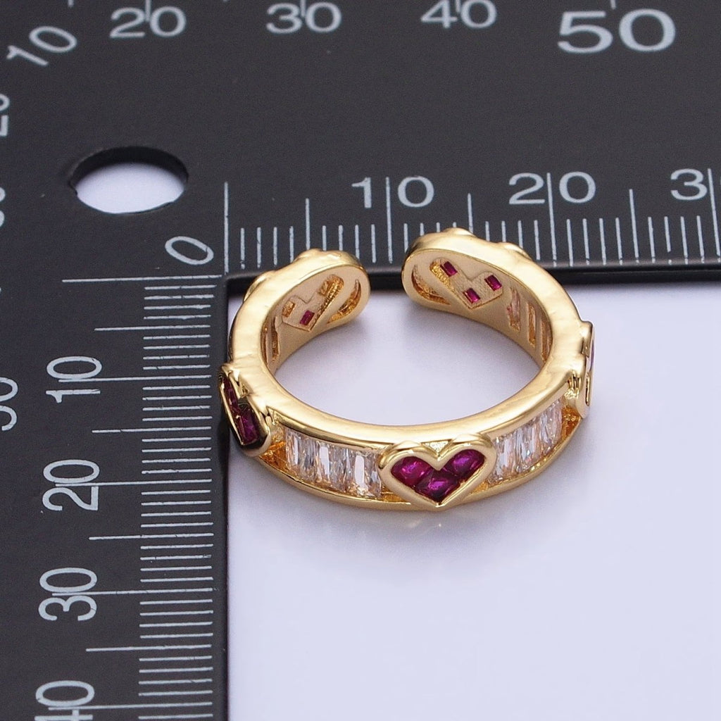 14K Gold plated Fuchsia Heart Baguette Lined Ring in Gold & Silver | O1835 O1836 - DLUXCA