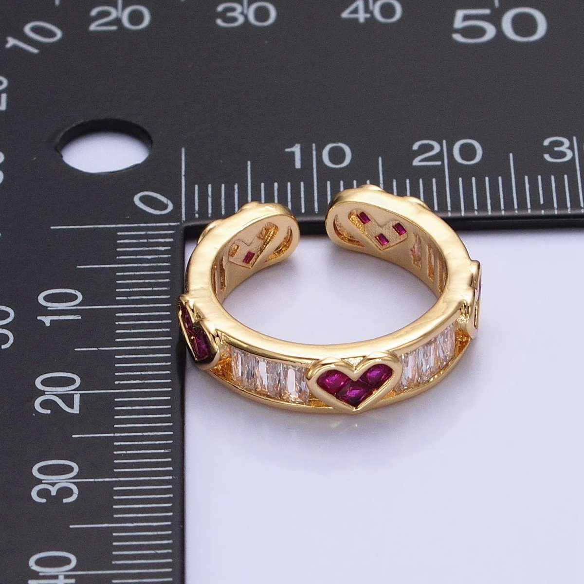 14K Gold plated Fuchsia Heart Baguette Lined Ring in Gold & Silver | O1835 O1836 - DLUXCA