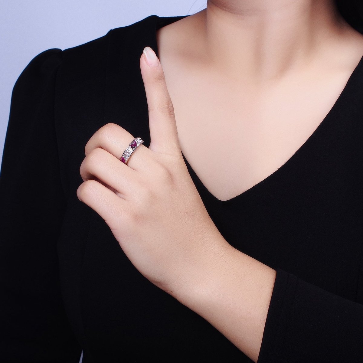 14K Gold plated Fuchsia Heart Baguette Lined Ring in Gold & Silver | O1835 O1836 - DLUXCA
