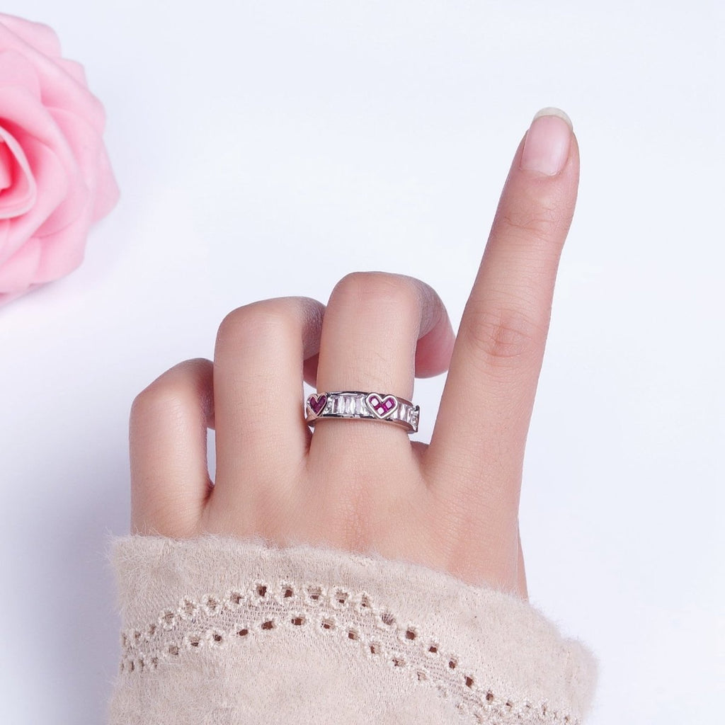 14K Gold plated Fuchsia Heart Baguette Lined Ring in Gold & Silver | O1835 O1836 - DLUXCA