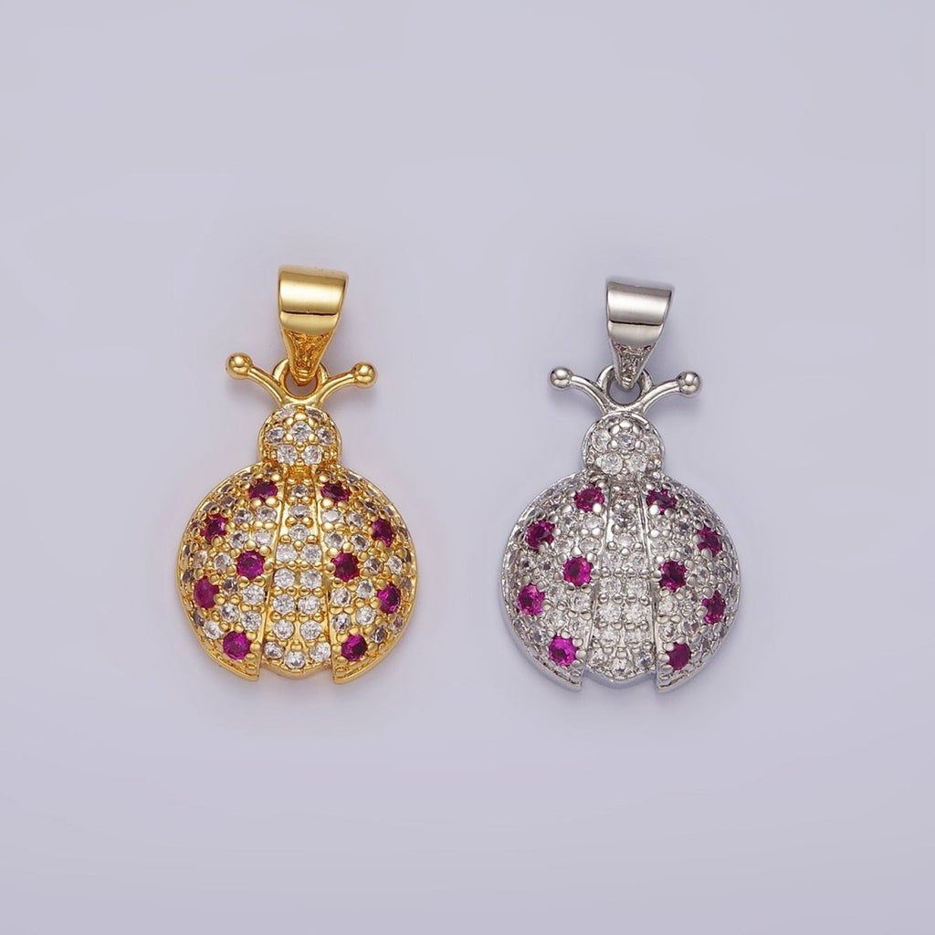 14K Gold plated Fuchsia Micro Paved CZ Ladybug Insect Animal Pendant in Gold & Silver | N1975 N1976 - DLUXCA