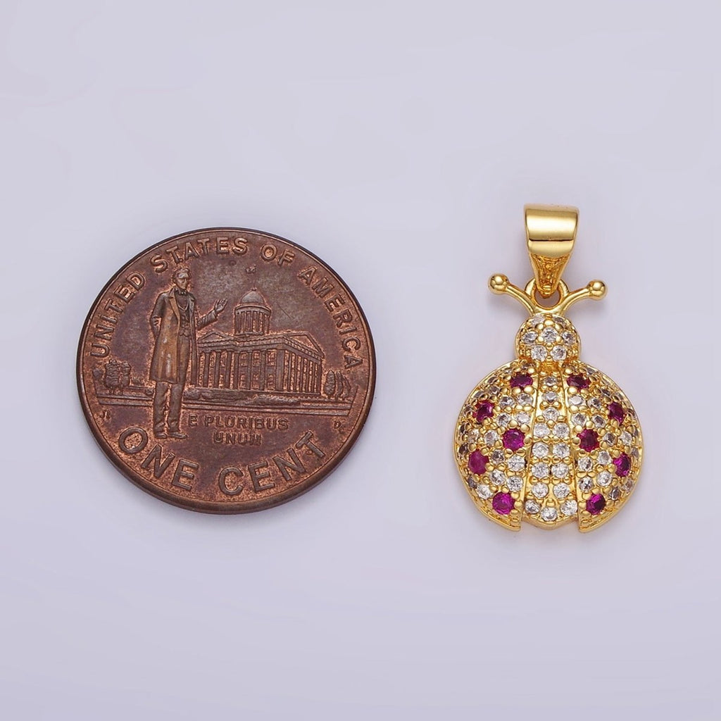 14K Gold plated Fuchsia Micro Paved CZ Ladybug Insect Animal Pendant in Gold & Silver | N1975 N1976 - DLUXCA