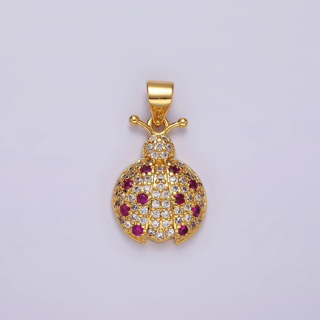 14K Gold plated Fuchsia Micro Paved CZ Ladybug Insect Animal Pendant in Gold & Silver | N1975 N1976 - DLUXCA