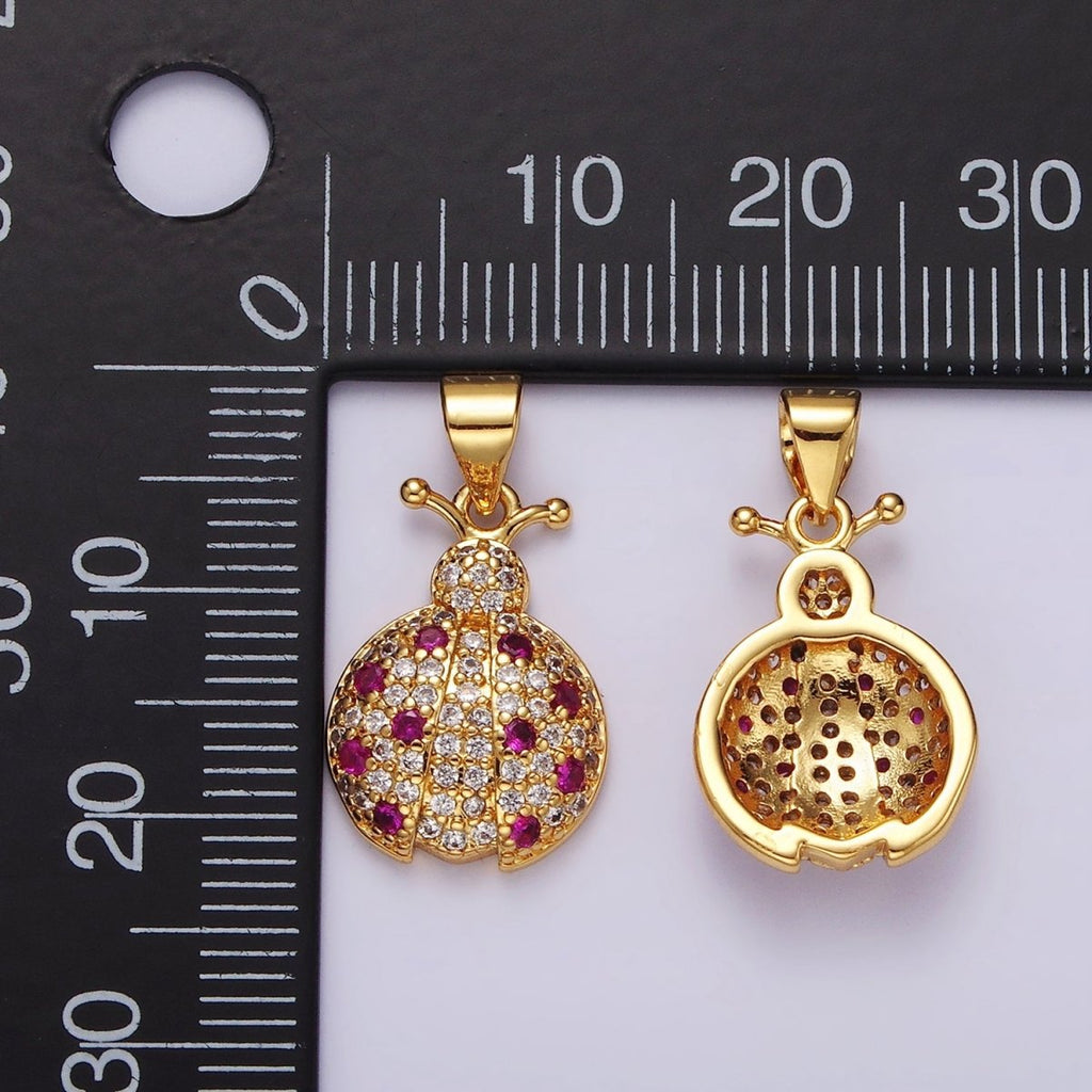 14K Gold plated Fuchsia Micro Paved CZ Ladybug Insect Animal Pendant in Gold & Silver | N1975 N1976 - DLUXCA