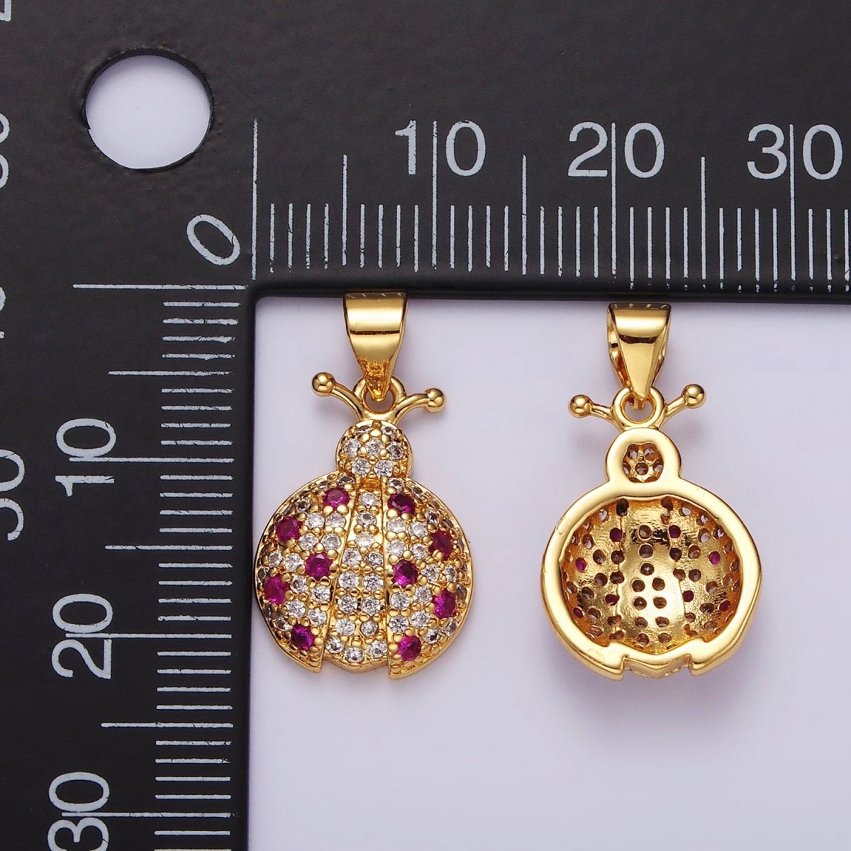 14K Gold plated Fuchsia Micro Paved CZ Ladybug Insect Animal Pendant in Gold & Silver | N1975 N1976 - DLUXCA