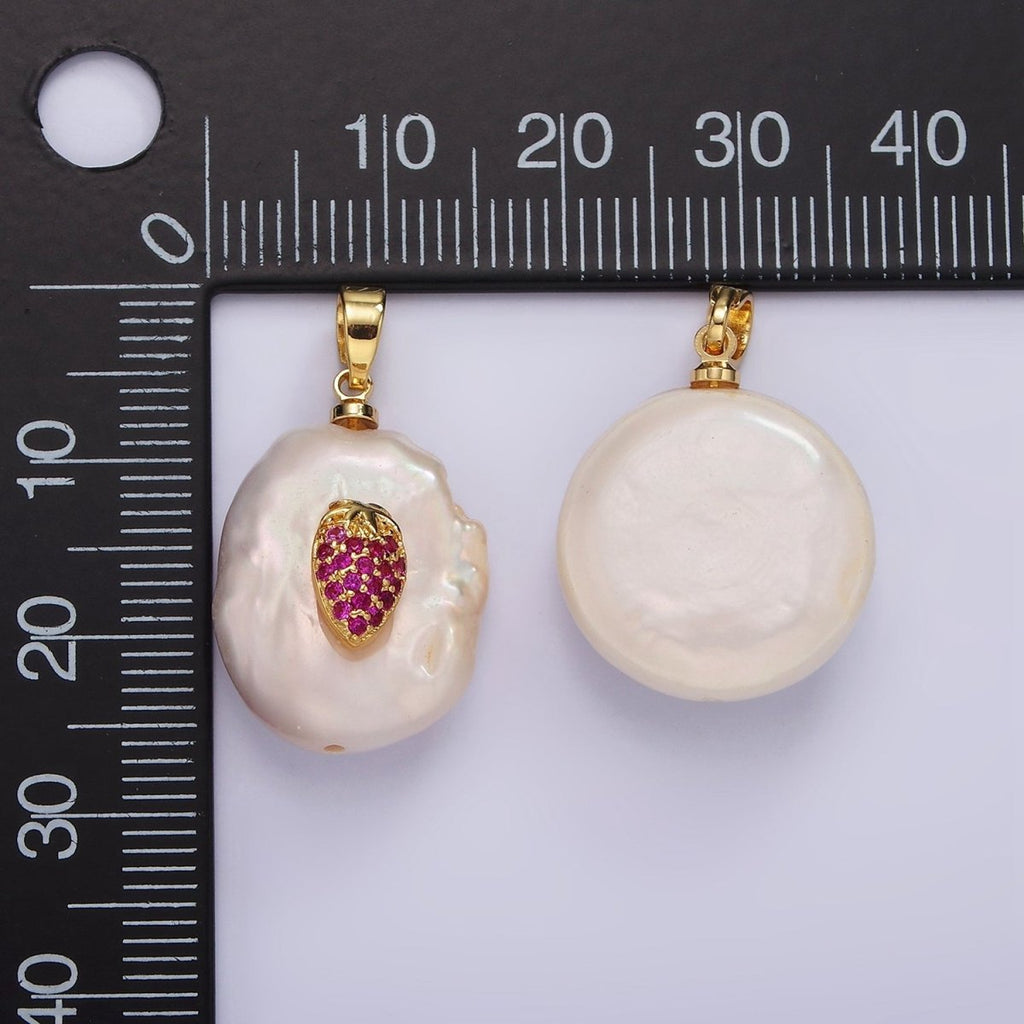 14K Gold plated Fuchsia Micro Paved CZ Strawberry Freshwater Pearl Pendant | AA1114 - DLUXCA