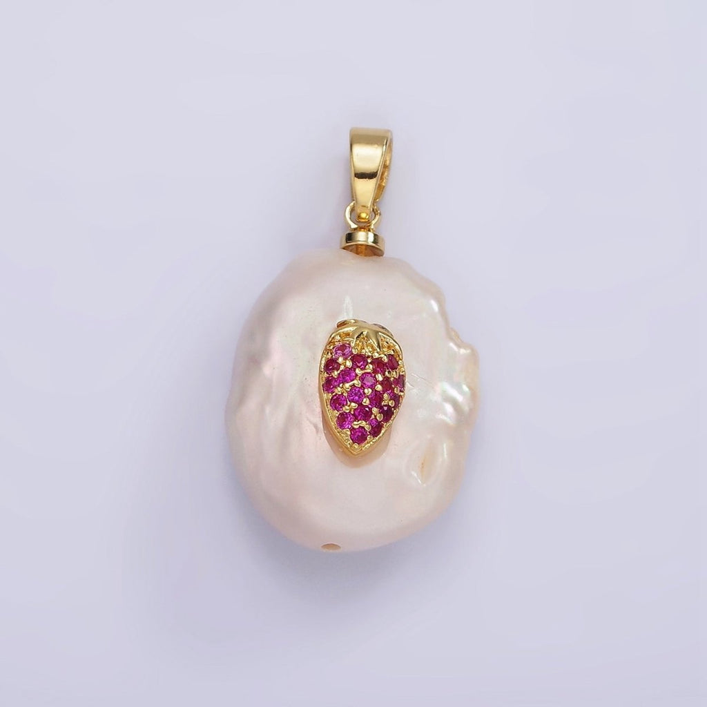 14K Gold plated Fuchsia Micro Paved CZ Strawberry Freshwater Pearl Pendant | AA1114 - DLUXCA