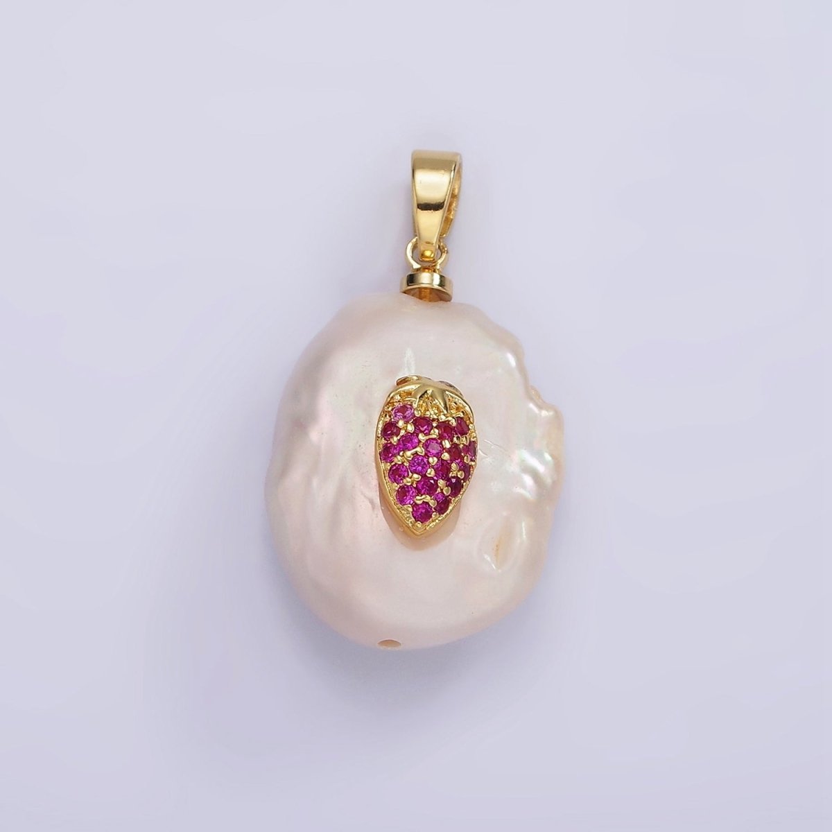 14K Gold plated Fuchsia Micro Paved CZ Strawberry Freshwater Pearl Pendant | AA1114 - DLUXCA
