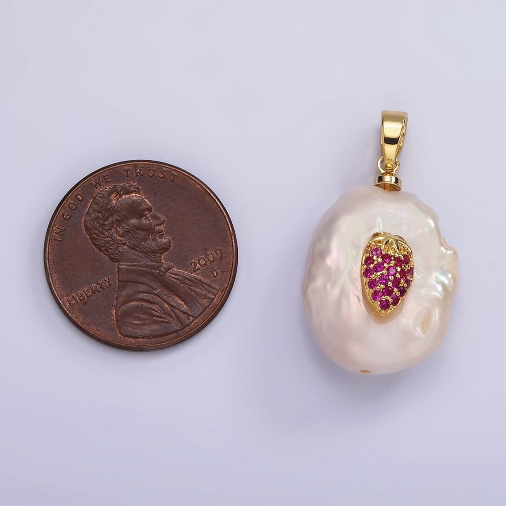 14K Gold plated Fuchsia Micro Paved CZ Strawberry Freshwater Pearl Pendant | AA1114 - DLUXCA
