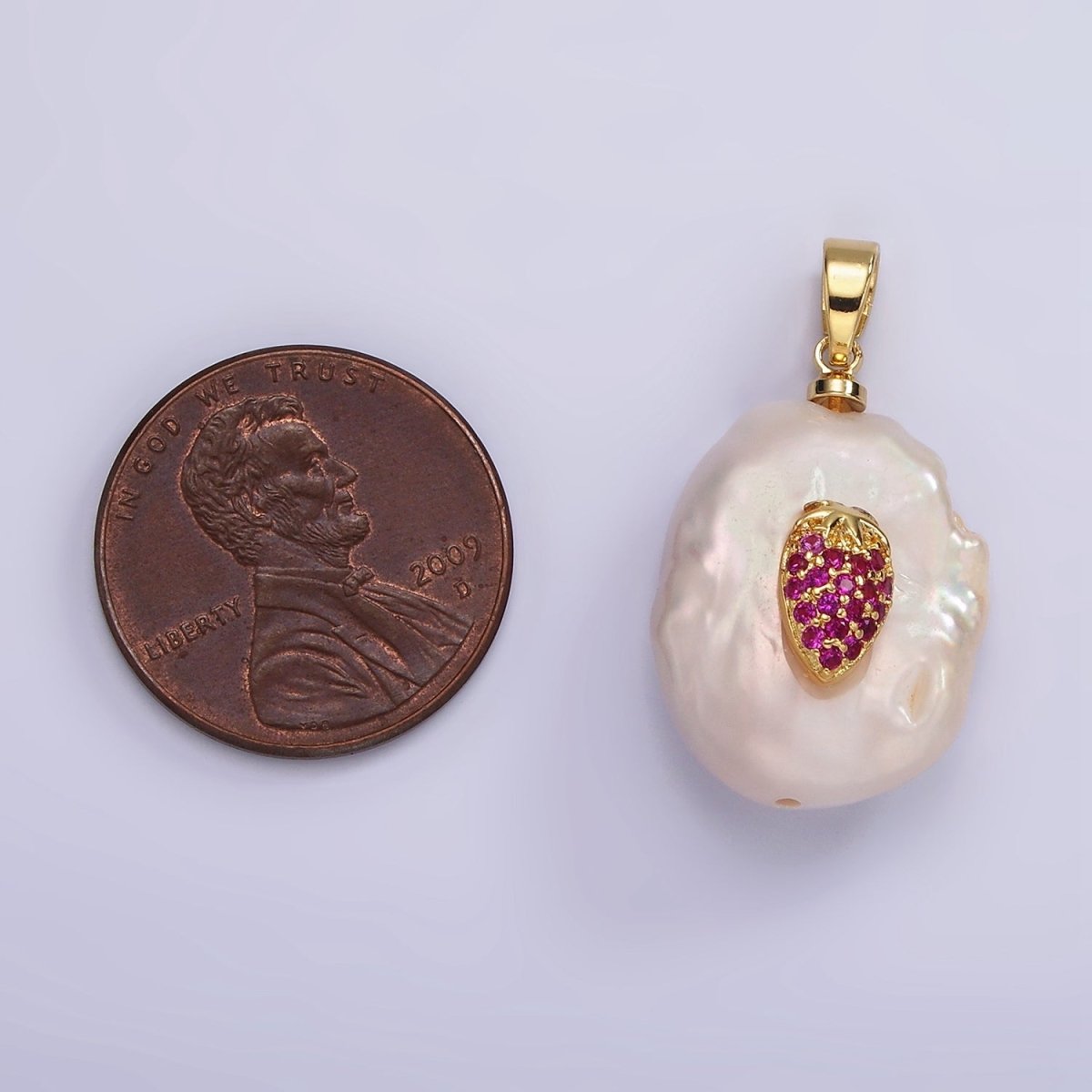 14K Gold plated Fuchsia Micro Paved CZ Strawberry Freshwater Pearl Pendant | AA1114 - DLUXCA