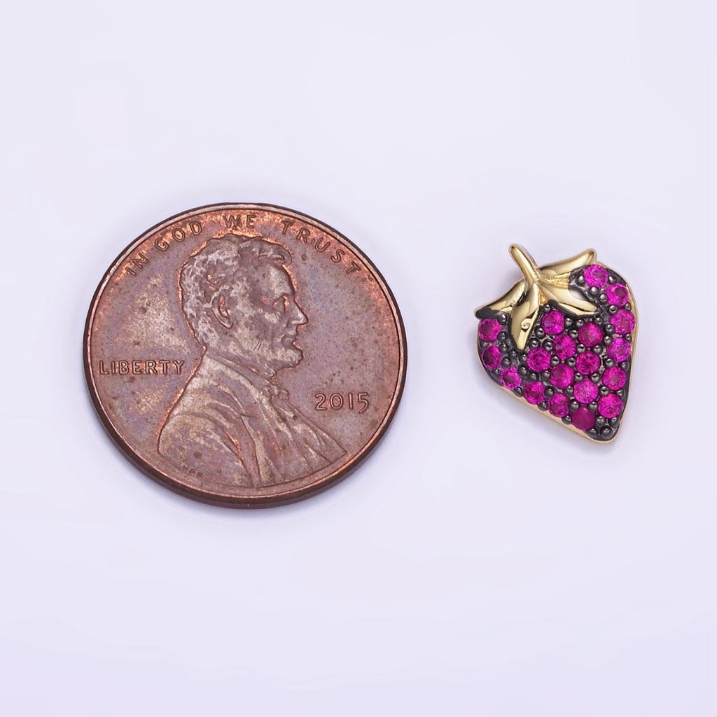 14K Gold plated Fuchsia Micro Paved CZ Strawberry Fruit Pendant in Gold & Silver | AA1206