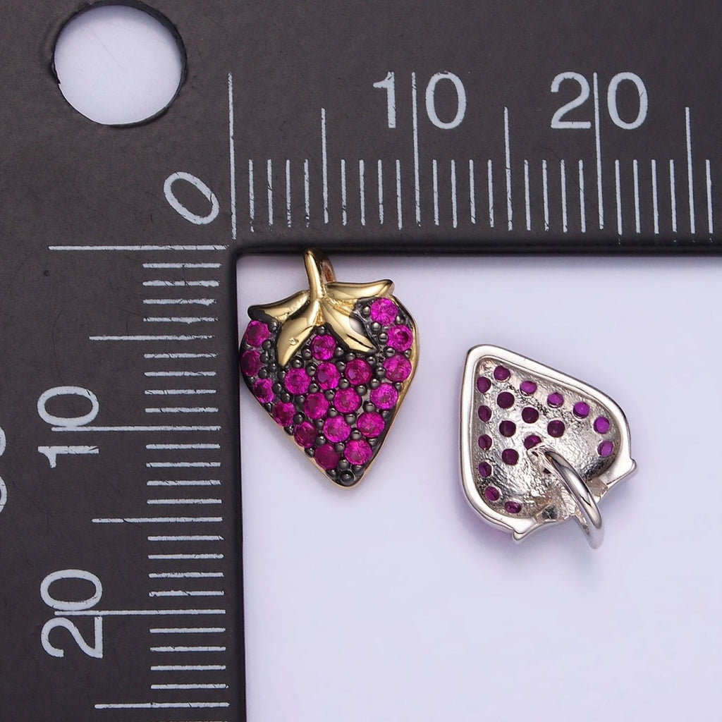 14K Gold plated Fuchsia Micro Paved CZ Strawberry Fruit Pendant in Gold & Silver | AA1206