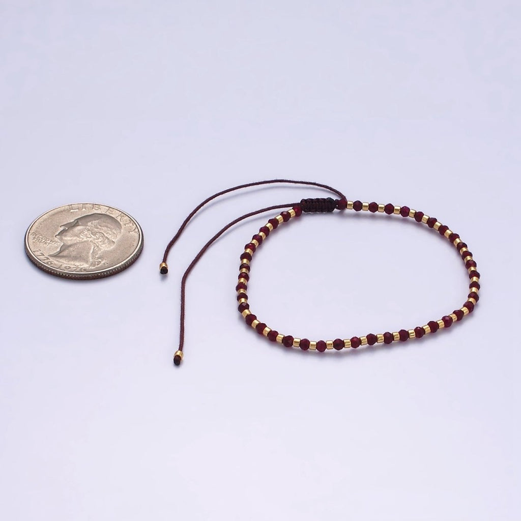 14K Gold plated Garnet Multifaceted Red Rope Adjustable Friendship Bracelet | WA-2016 - WA-2164 Clearance Pricing