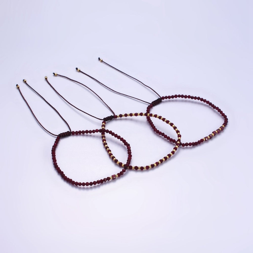 14K Gold plated Garnet Multifaceted Red Rope Adjustable Friendship Bracelet | WA-2016 - WA-2164 Clearance Pricing